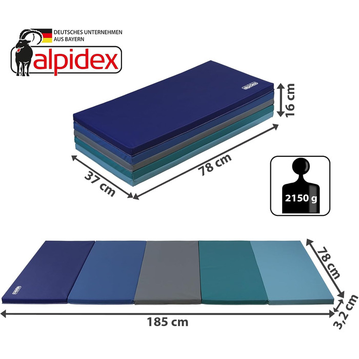 ALPIDEX Килимок для гімнастики та спорту, складаний, 185x78x3.2 см, блакитний, для дітей та дорослих