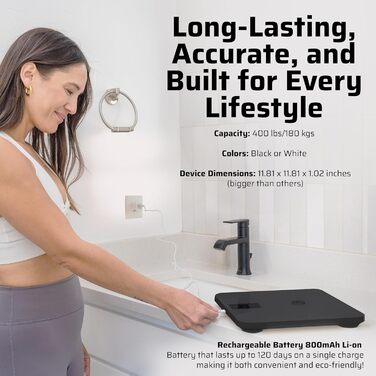 Розумні ваги Body Smart: Bluetooth/Wi-Fi, вага, жир, BMI, м'язи, вага немовляти, TFT-LCD, до 180 кг, чорні