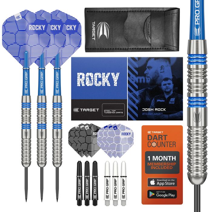 Darts Target Josh Rock 80% Tungsten – Професійний набір сталевих дротиків (22/23/24г) з аксесуарами: шафти Pro Grip, Ultra Flights, чохол