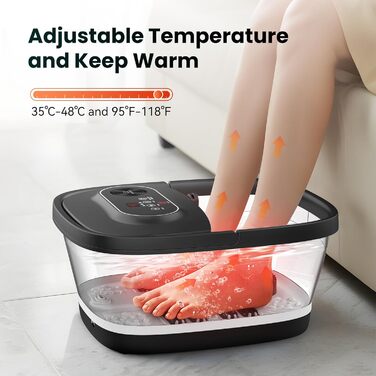 Електрична ванночка для ніг Snailax з масажем та підігрівом, 14 режимів нагріву, ролики Shiatsu, бульбашки, червоне світло, таймер, складна, чорна