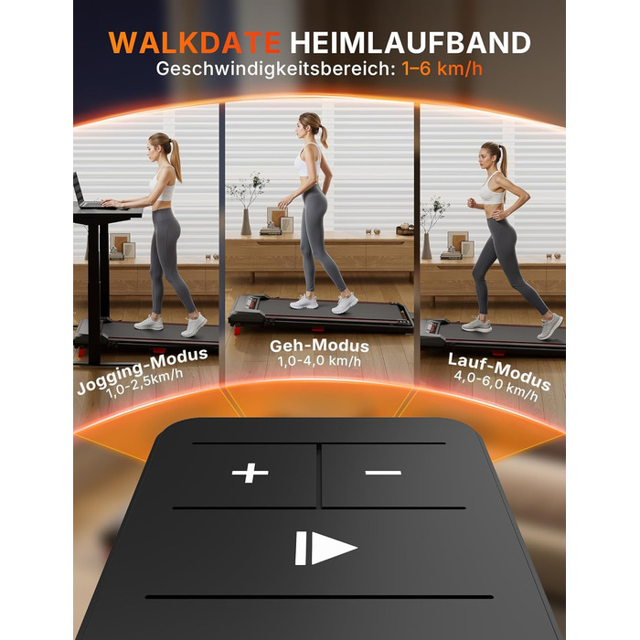 Біговий доріжки з нахилом 5%, компактний під стіл для дому та офісу, портативна бігова машина з LED дисплеєм, пульт дистанційного керування, вантажопідйомність 150 кг, 2.5HP тихий двигун (Чорний/Червоний)