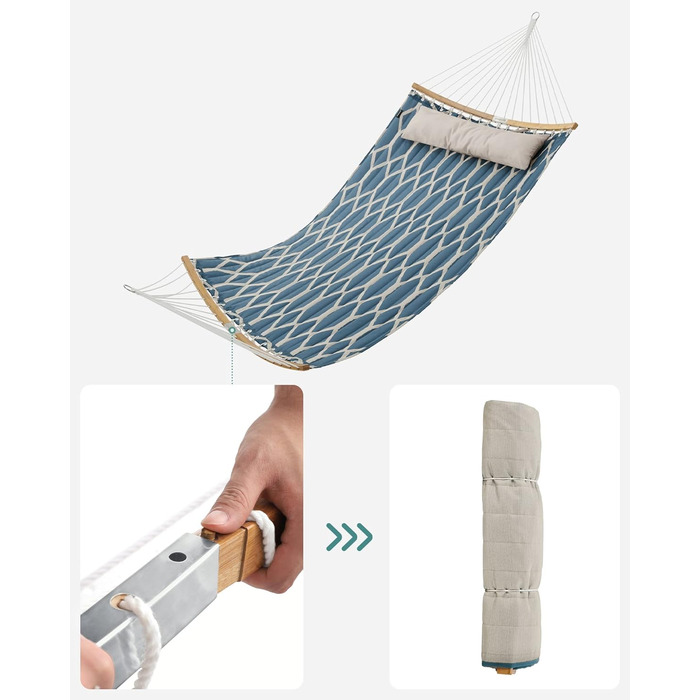 Крісло-гамак SONGMICS з подушкою, стегане, з роздільними бамбуковими дугами, з підголівником, 200 x 140 см, до 225 кг, сірий та бежевий ромбік GDC034G02