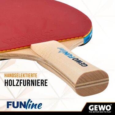 Набір для настільного тенісу GEWO Fun – одиночні або комплекти (1-4 ракетки, м'ячі, сумка, сітка) – для початківців, хобі та відпочинку. Поверхня: Noppen-Innen, конкавний грип. Комплектація: 4 ракетки + 10 м'ячів + сумка (конкавна)