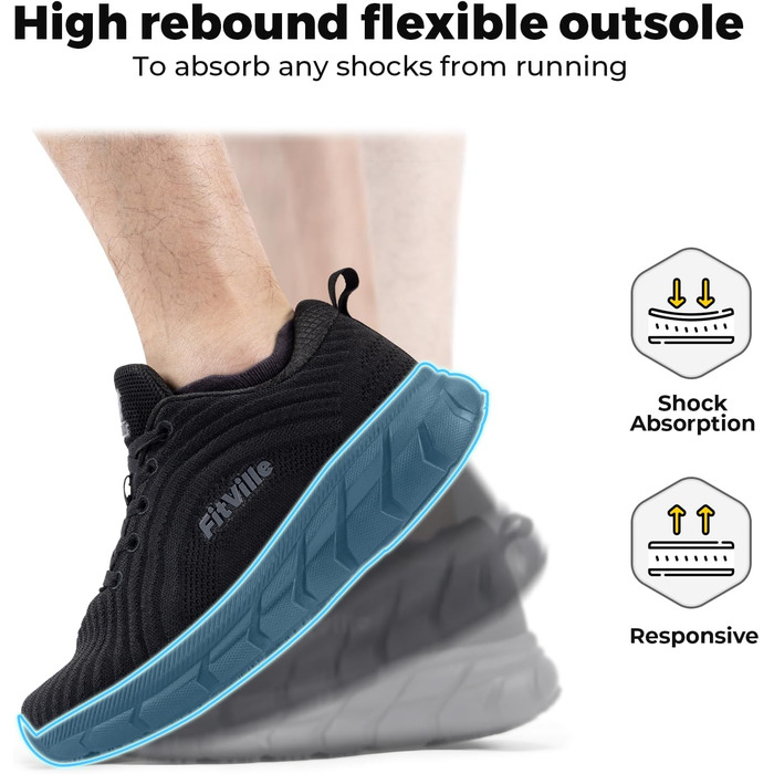 Кросівки для бігу FitVille чоловічі широкі, спортивні, легкі, кросівки для ходьби, чорні, 44 EU