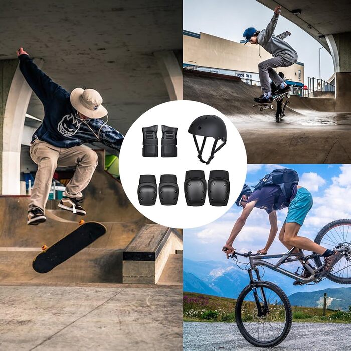 Комплект захисту SANON для дорослих (7 предметів): шолом, наколінники, налокітники, захист зап'ясть для велосипеда, ролика, скейтборду, чорний, розмір M (41-60 кг)