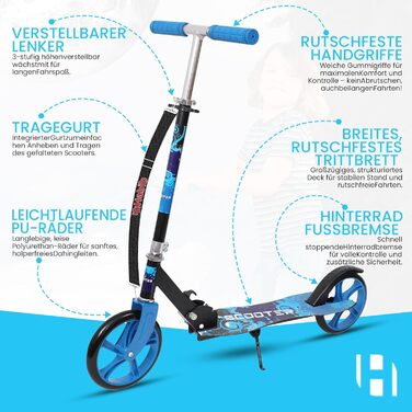 Дитячий трюковий самокат Habib Kickroller – складаний, з регулюванням висоти, великі колеса, до 80 кг, блакитний