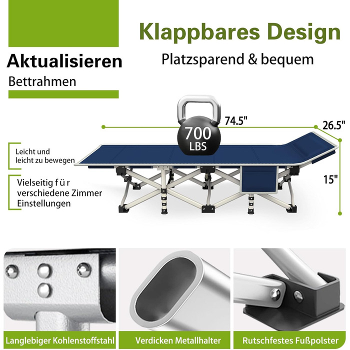 Кемпінгове ліжко з матрацом, розкладне, для відпочинку на природі та вдома, 200 кг, блакитне