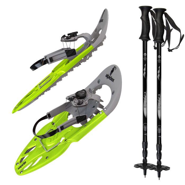 Снігоступи Alpidex з палицями 25 або 29 дюймів, швидка фіксація, підійдуть для розміру ноги 38-46, вага до 140 кг, з підйомником, сумкою, телескопічні палиці, лайм