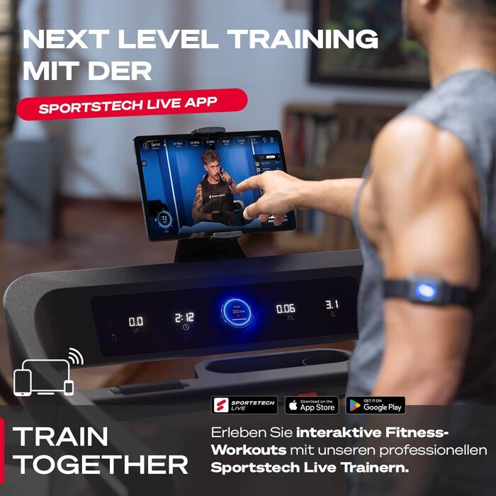 Бігова доріжка Sportstech sTread Pro/Lite – складаний, до 20 км/год, кут нахилу 15-17%, вантажопідйомність 150 кг, LED-дисплей, сумісність з додатком, тихий 7PS двигун, велика площа для бігу, німецька якісна марка sTread Lite