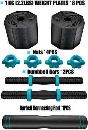 Набір гантелей ARUNDO Kurzhantel-Set 20 кг, 2-в-1: гантелі та штанга. Фітнес-набір для дому, обладнання для силових тренувань, неслизьке, регульоване гантельне обладнання. Оселедець гантелі 9 кг.