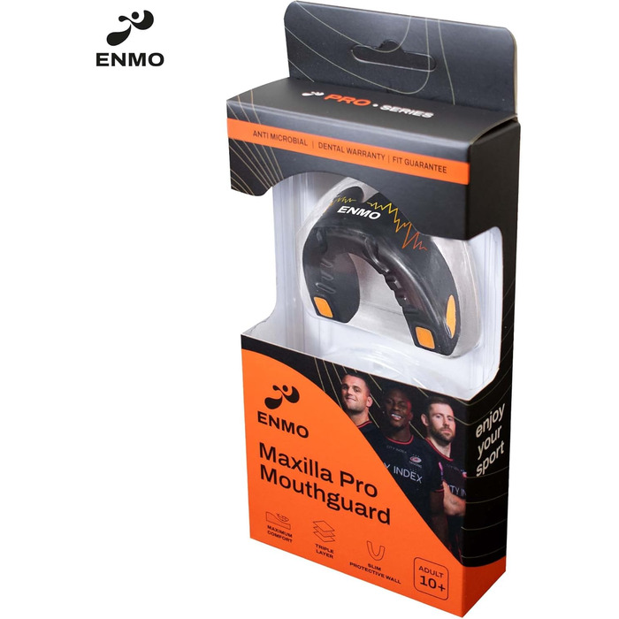 Захисний капу для спорту Enmo Maxilla Pro: для дорослих та дітей (10+), з чохлом. Підходить для регбі, боксу, хокею та контактних видів спорту. Капу з технологією Boil & Bite, тришаровий, з каналом для дихання. Білий/Синій (Чорний/Помаранчевий)