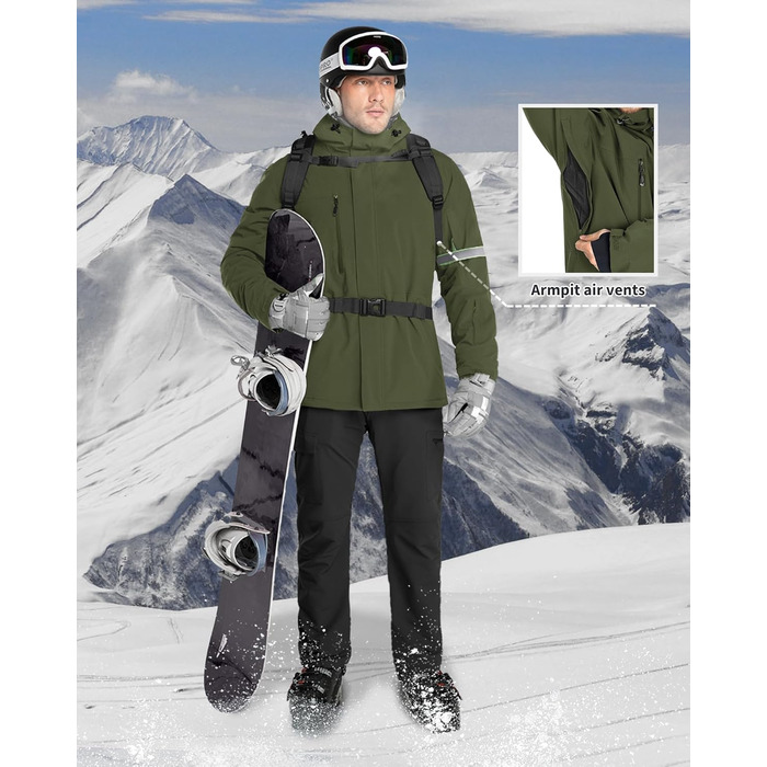 Чоловіча лижна куртка 33,000ft: Водонепроникна, вітронепроникна, тепла, функціональна куртка для сноуборду та лижного відпочинку (армійний зелений, L)