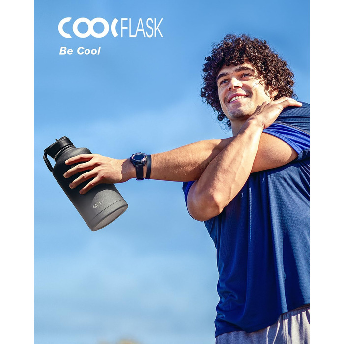 Термос-бутилка Coolflask 2 л з трубочкою і 3 кришками, ізольована спортивна пляшка з нержавіючої сталі, подвійний захист від протікання, чорна і сіра для спорту чи офісу