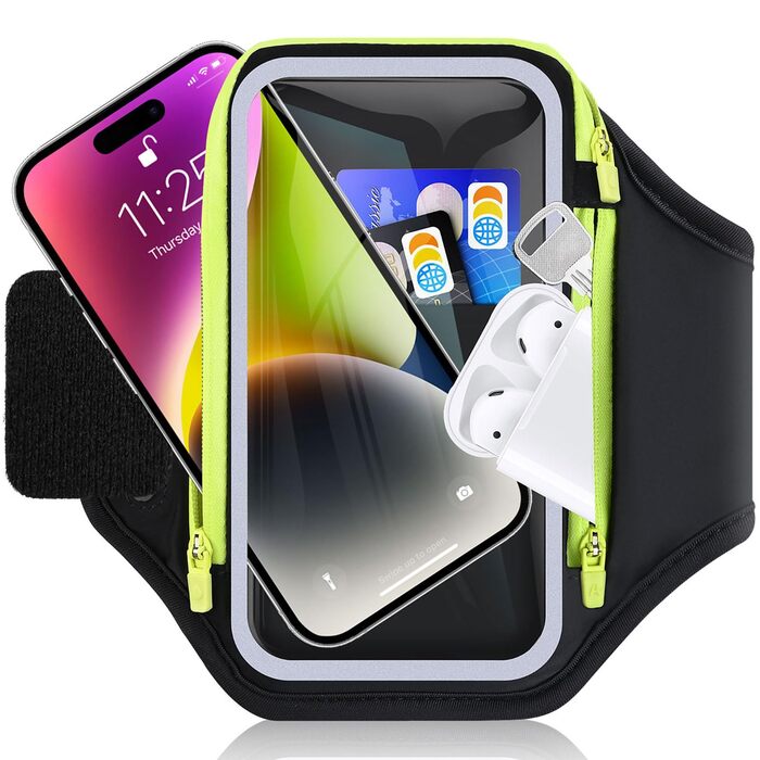 Спортивний браслет для телефону з кишенею для навушників, чорний. Сумісний з iPhone 17, 16, 15. Тримач для телефону 6.9 дюймів для бігу та фітнесу.