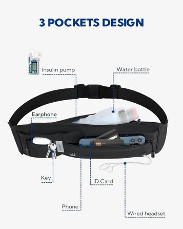 Поясна сумка WATERFLY для телефону: спортивний пояс для бігу, фітнесу, активного відпочинку, унісекс, чорний