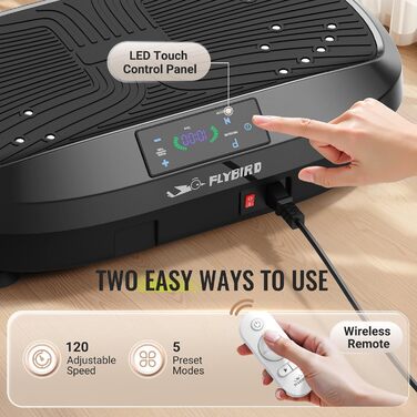Вібраційна платформа FLYBIRD – Тест-переможець 2025, 120 швидкостей, 150 кг, для всього тіла з пультом, чорний, для жінок, м'язовий розвиток та лімфодренаж