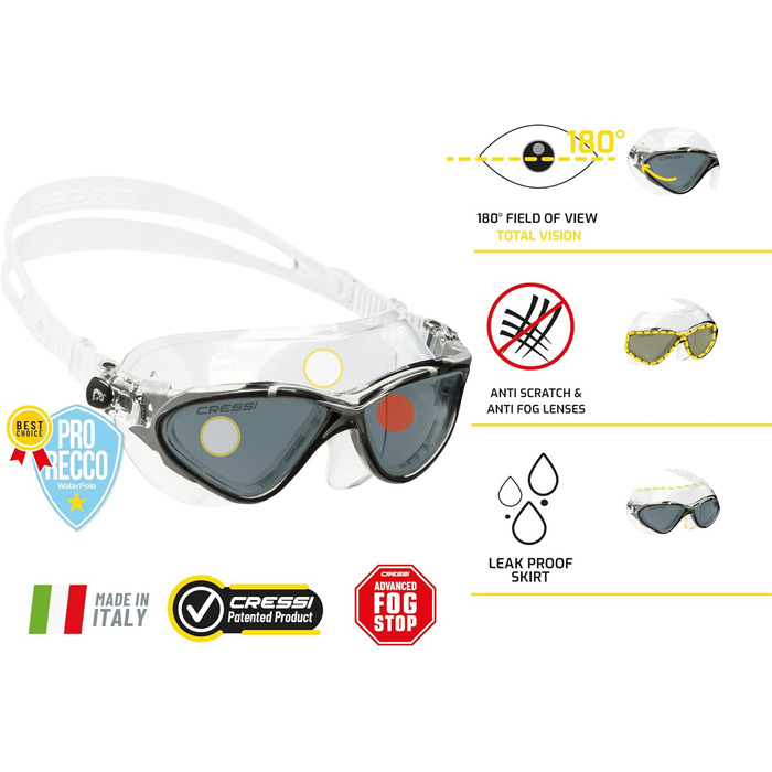 Окуляри для плавання Cressi Planet - преміум якість для басейну, триатлону та водних видів спорту, універсальний розмір, дорослі, чоловічі/жіночі (білий/сріблястий, чорний)