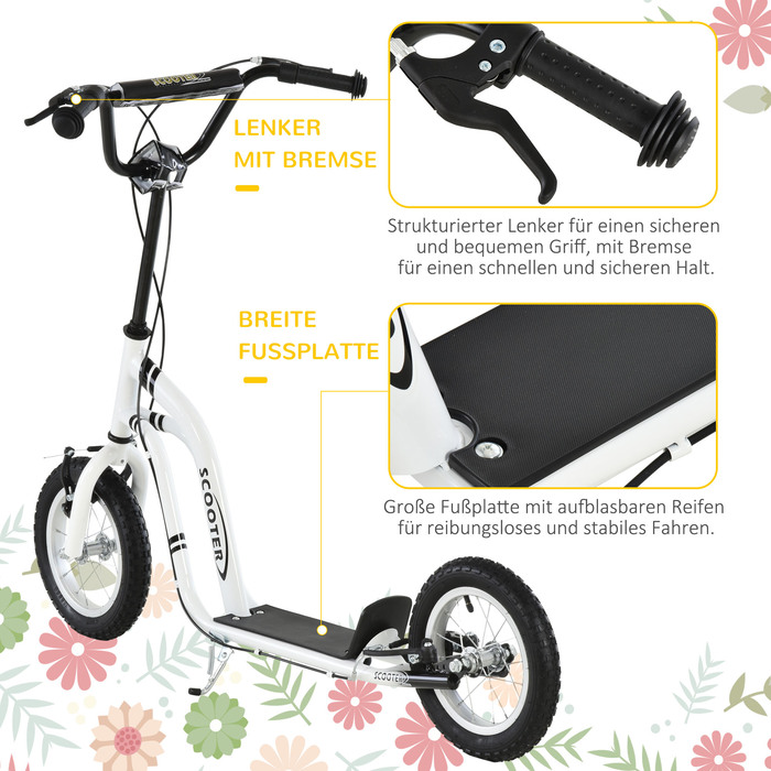 Дитячий самокат HOMCOM Самокат від 5 років, дитячий самокат Kick Scooter City Scooter з пневматичною шиною 12 дюймів, гума алюміній, білий| Аосом