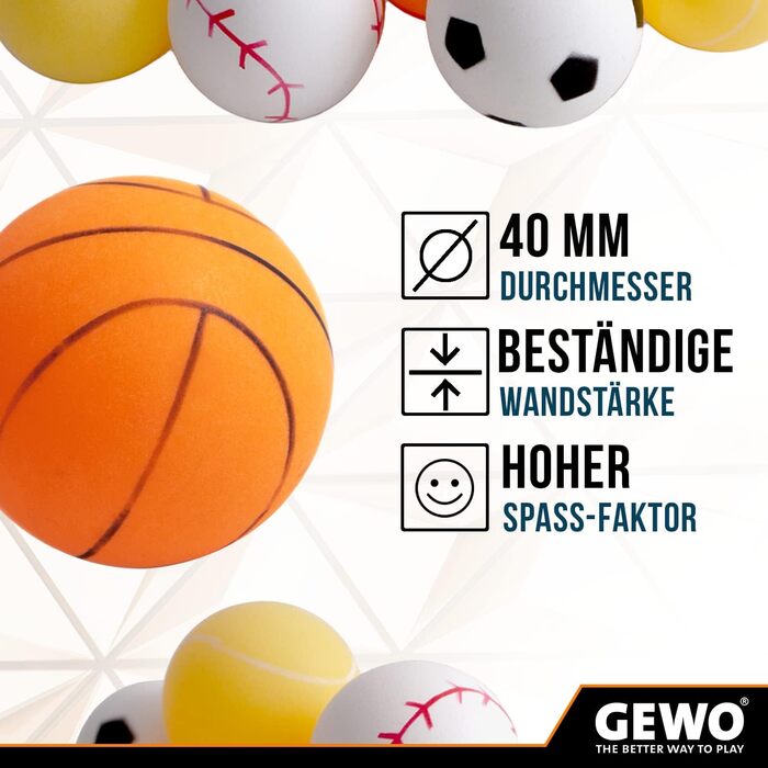 Набір тенісних м'ячів GEWO Sports-Mix для настільного тенісу - 12 кольорових м'ячів з пластику, діаметр 40+ мм, різні дизайни