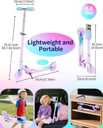 Дитячий самокат BELEEV V1Plus з LED-підсвіткою коліс та деки, складаний, 3 рівні висоти, для дітей 3-12 років (Blue Purple)