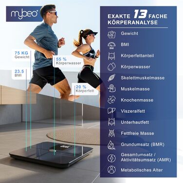 Вага Mybeo для тіла з аналізом складу тіла та Bluetooth - цифрова вага для тіла з дисплеєм, скануванням Full Body, до 180 кг, загартоване скло