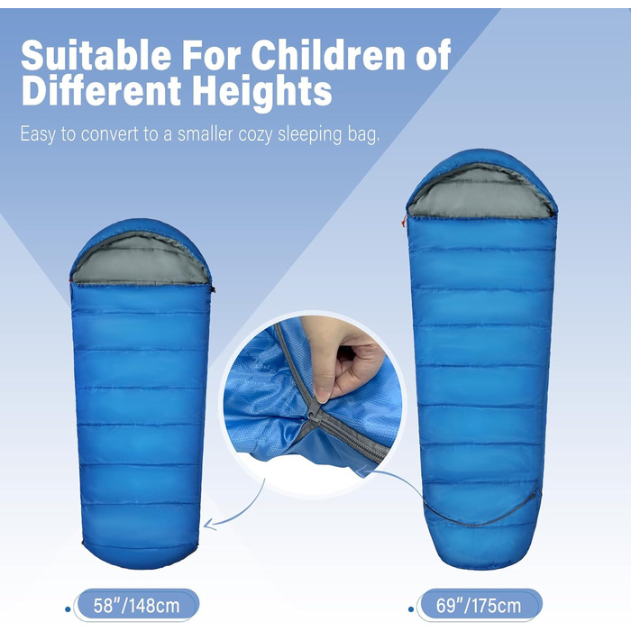 Спальний мішок REDCAMP для дітей, 175x65 см, блакитний/рожевий, 3-сезонний, для кемпінгу та відпочинку на природі