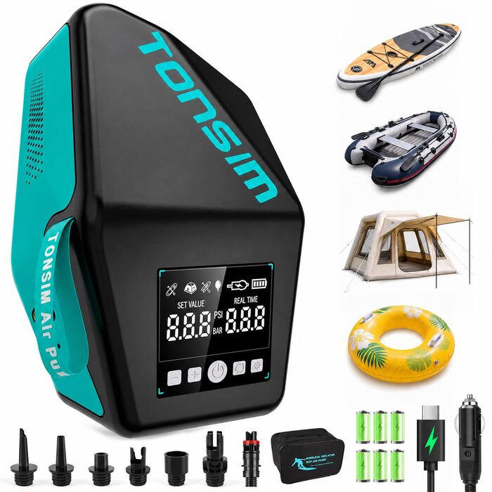 Електричний насос Tonsim Sup Pumpe 20 PSI з акумулятором для SUP-дощок, каяків, надувних човнів та кемпінгу (чорно-сірий)