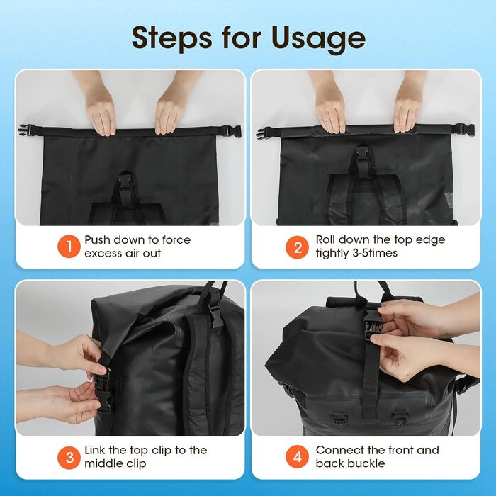 Водонепроникний рюкзак Weldun 35L/50L Rolltop Dry Bag з IPX8 чохлом для телефону, для каякінгу, кану, кемпінгу, трекінгу, піших прогулянок, вітрильного спорту та інших водних видів спорту, чорний