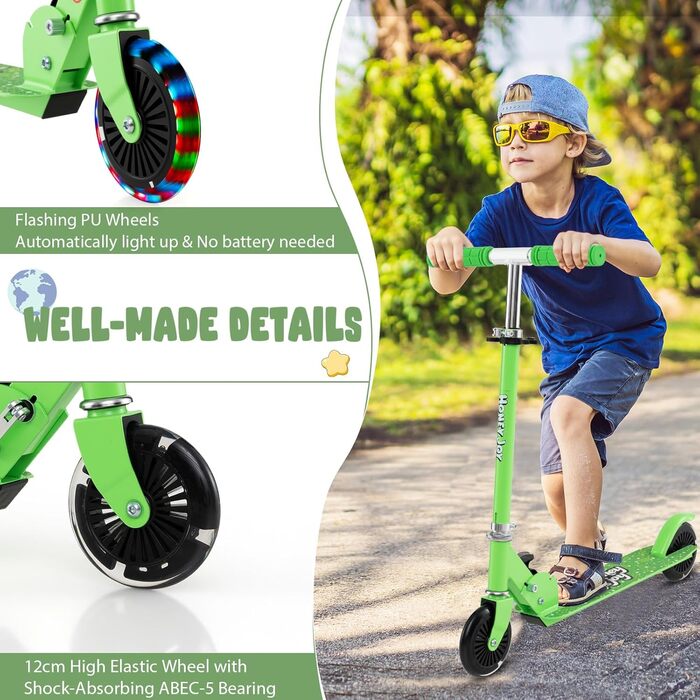 Дитячий самокат Kinder Scooter з LED колесами, алюмінієвий, складаний, регульована висота (до 50 кг), зелений