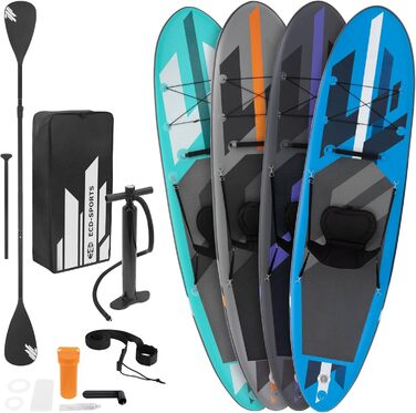 Надувна SUP-дошка ECD Germany з каяк-сидінням, 320x82x15 см, чорна/блакитна/бірюзова/сіро-оранжева, PVC, алюмінієве весло, повний комплект аксесуарів для серфінгу та веслування
