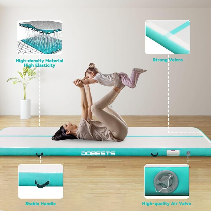 Гімнастичний мат DOBESTS Airtrack 600x100x10 см, зелений, з насосом і сумкою, надувний мат для дому, спортзалу, йоги, фітнесу, тумблінгу, висота 10/20 см, довжина 2-8 м