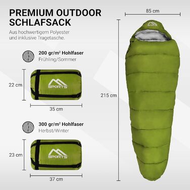 Спальний мішок MSports Premium Outdoor з ременем для перенесення - вибір на весну/літо (200GSM) або осінь/зима (300GSM) - теплий мумієподібний спальник для кемпінгу, подорожей, фестивалів - оливковий, 300 GSM