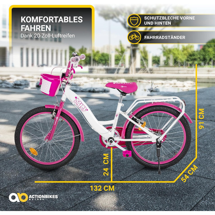 Дитяче велосипед Actionbikes Daisy | 12, 16, 20 дюймів - V-Brake гальма - захист від бруду спереду та ззаду - велосипед для дітей 2-9 років, для дівчаток та хлопчиків