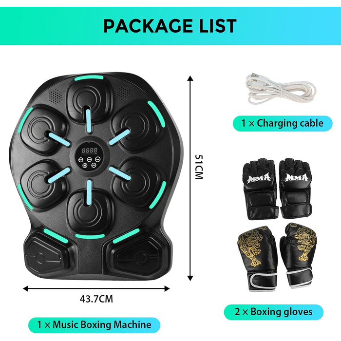 Музичний бокс-машина для фітнесу: 9 режимів, 8 м'яких точок удару, з рукавичками, для дітей та дорослих, монтаж без свердління