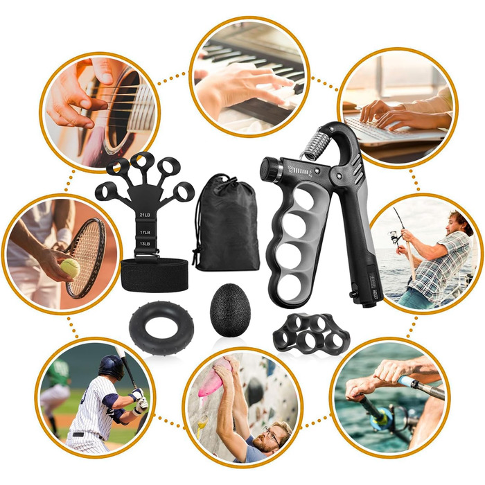 Набір для зміцнення хватки рук (5 шт.) – тренажери для рук, розтягувач пальців, кільце для хватки, м'яч для зняття стресу. Для спортсменів, чорний