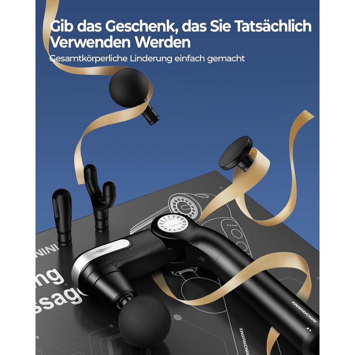 Масажер для тіла KingPavonini з висувним руків'ям та складним голівкою, масажна пістолета для спини з 3 регульованими кутами та 4 насадками, масажер - подарунок для чоловіків та жінок, чорний