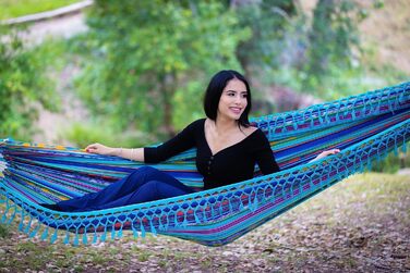 Гамак Boho Klassische з китицями, ручної роботи, водостійкий для дому та саду (Quilotoa Blaugrün) - для тераси, веранди, заднього двору