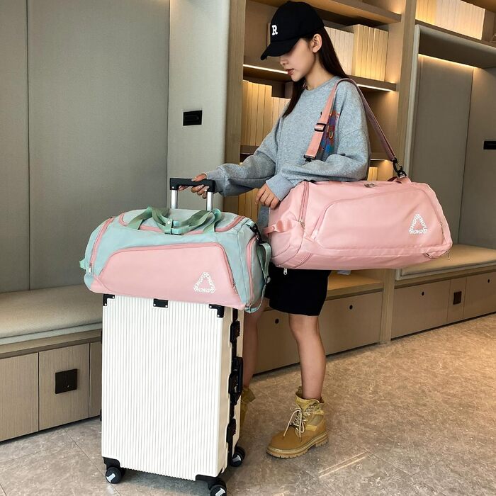 Спортивна сумка для жінок 45L з відділенням для взуття, водонепроникна, для подорожей, тренувань, басейну, фітнесу, спорту, відпочинку. (Зелена, рожева)