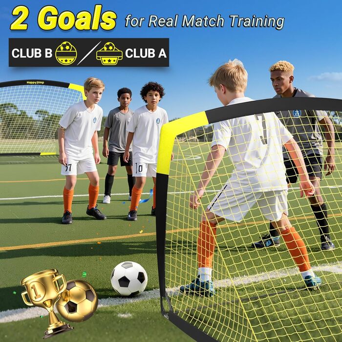 Ворота для футболу Happy Jump Pop-Up – складані для дітей та дорослих | 1 або 2 ворота: 120x90 / 152x110 / 213x152 см | З м'ячем, насосом, конусами та мішенню | Для саду та подарунка