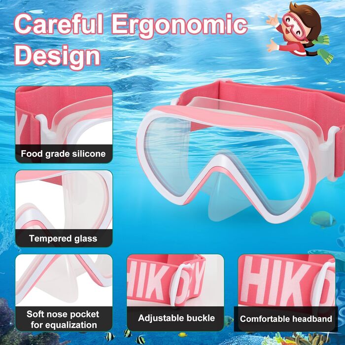 Дитячі маски для снорклінгу Kinder з трубкою, 180° панорама, проти запотівання, для дітей 4-16 років (рожевий)