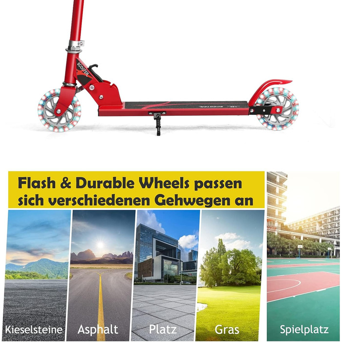 Дитячий ролер GOPLUS Roller Kinder 4 роки з LED-колесами, гальмом та підніжкою, регульований, 2 кг, до 70 кг (Червоний)