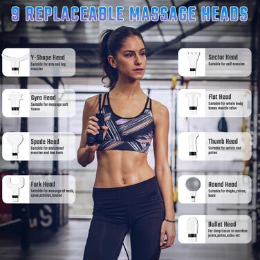 Електрична масажна пістолета з підігрівом, 20 швидкостей, 10 насадок, LED-дисплей, тиха робота (білий)