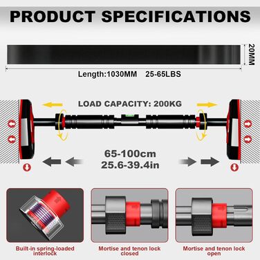 Турнік для дверного прорізу Klimmzugstange – Регульований 65–100 см без свердління – З вбудованим рівнем, зубчастим фіксатором та пружинними стабілізаторами – Спортивна стійка для дому