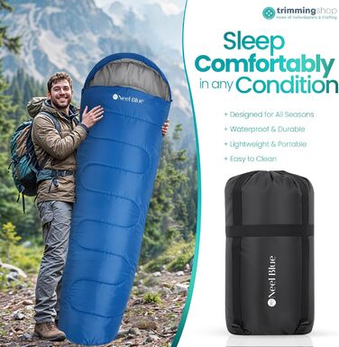 Спальний мішок Mumienschlafsack для дорослих - легкий, компактний, водонепроникний з капюшоном, 220x85см, теплий, пральний, для кемпінгу, походів, подорожей, зелений (королівський синій)
