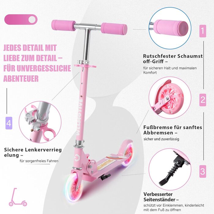 Самокат дитячий Roller Kinder 2 колеса, складаний, рожевий, з LED підсвіткою, регульована висота (3-12 років)