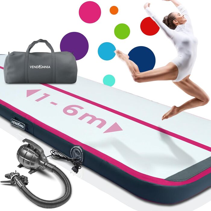 VENDOMNIA Airtrack Matte - Надувний гімнастичний килимок Airtrack, 10/20 см заввишки, з електричним насосом та сумкою. Довжина: 1/2/3/4/5/6/7/8 м. Підходить для гімнастики, акробатики, йоги, фітнесу та тренувань. Рожевий колір, 200*100x20 см