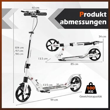 COSTWAY Розкладний електросамокат для дітей та дорослих, білий. Самокат з дзвінком, підніжкою, вантажопідйомністю 100 кг та ременем для перенесення