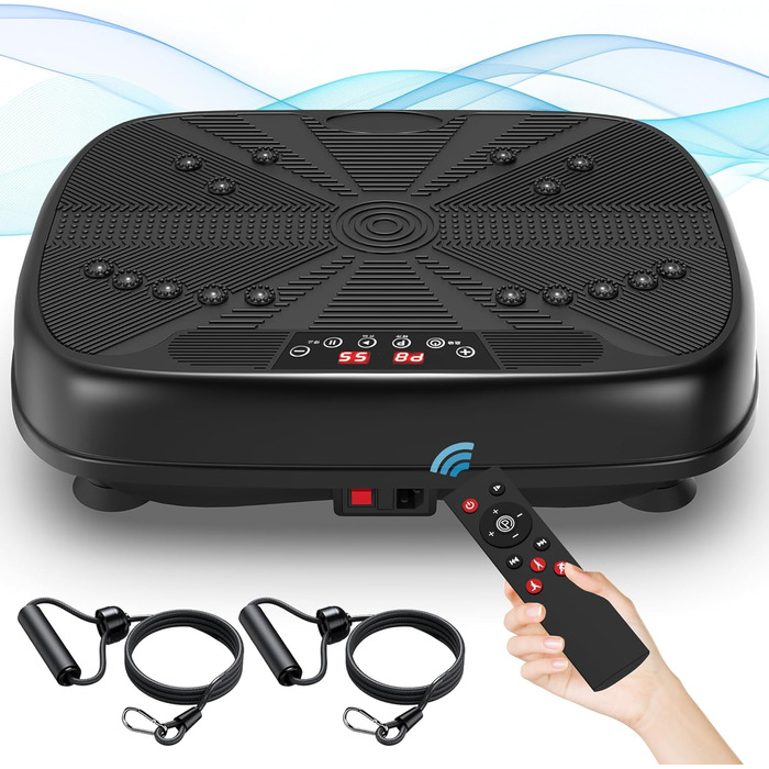 Вібраційна платформа для тренувань з магнітною терапією та Bluetooth | 99 рівнів швидкості, тренування всього тіла | Платформа з еластичними стрічками та пультом дистанційного керування для дому, чорна