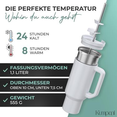 Термочашка Kumpani 1,1 л з ручкою і кришкою, ізольований питний стакан з трубочкою, герметичний, BPA-free, для гарячих і холодних напоїв, ідеально для дому та подорожей, білий