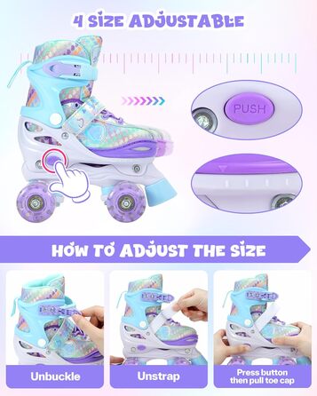 Дитячі ролики Sportneer з захистом, регульовані ролики з 8 світлими колесами, для дівчаток, дітей, підлітків, початківців, для занять в приміщенні та на вулиці, фіолетовий S (EU 30-33)